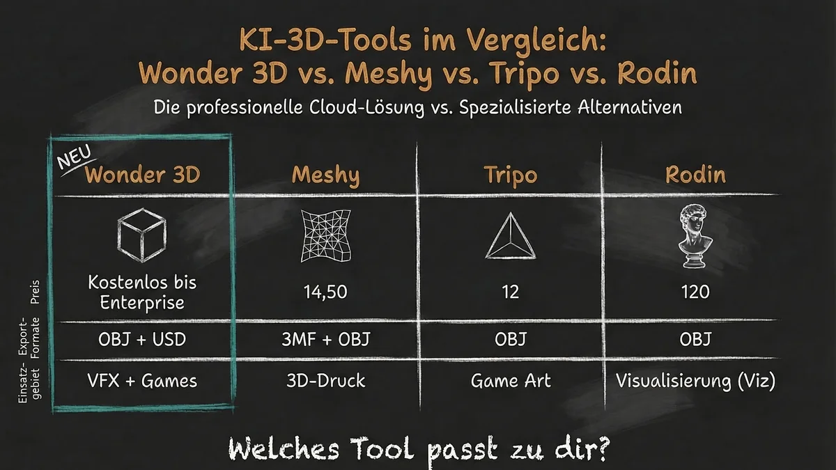 Vergleich: Wonder 3D, Meshy, Tripo und Rodin im Überblick