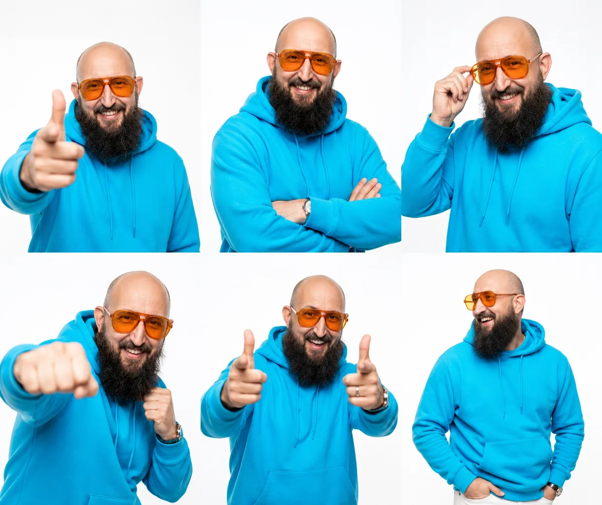 Sechs KI-generierte Action Poses derselben Person mit türkisem Hoodie, orangefarbener Brille und unterschiedlichen Gesten