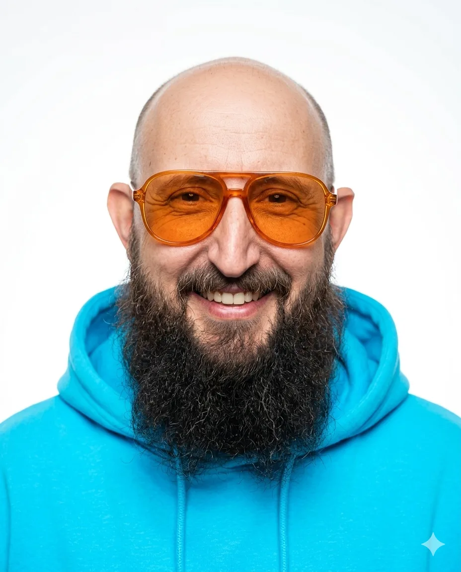 Das originale Ausgangsporträt für alle vier KI-Bildtests mit türkisem Hoodie und orangefarbener Brille