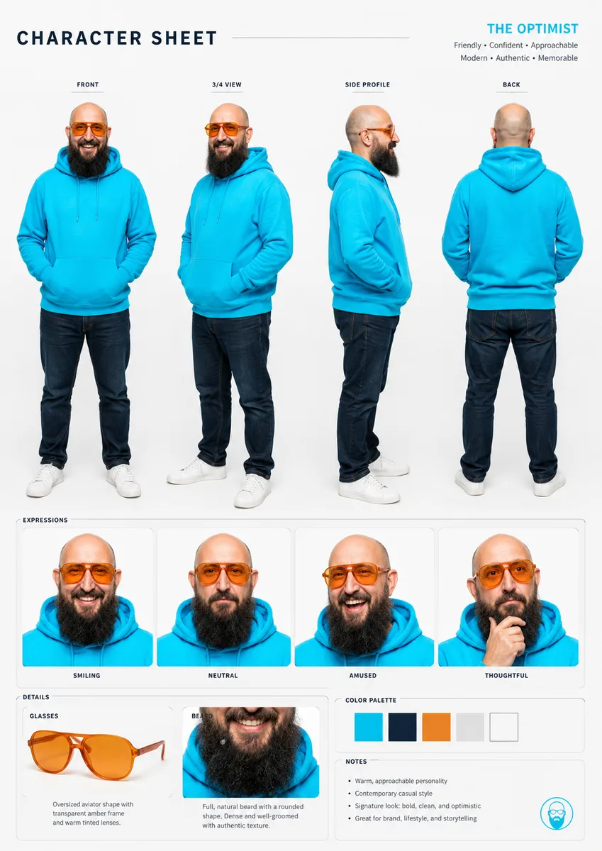 KI-generiertes Character Sheet mit vier Körperansichten, Gesichtsausdrücken und Detailfeldern