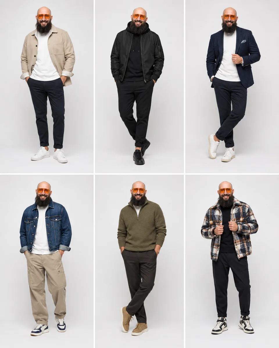 Sechs KI-generierte Outfitvarianten derselben Person von Freizeitlook bis Sakko