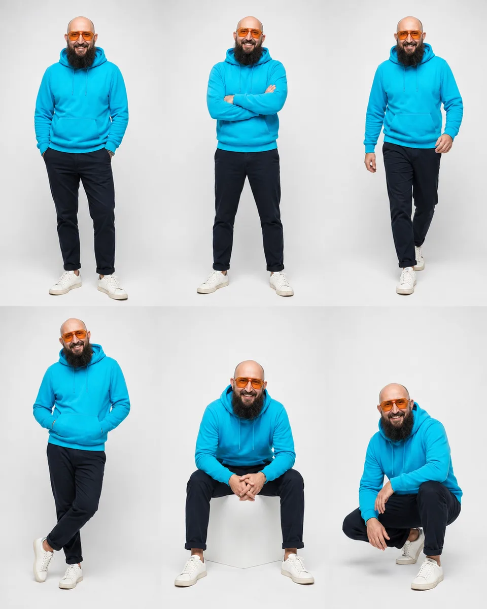 Sechs KI-generierte Ganzkörperposen derselben Person mit türkisem Hoodie und orangefarbener Brille