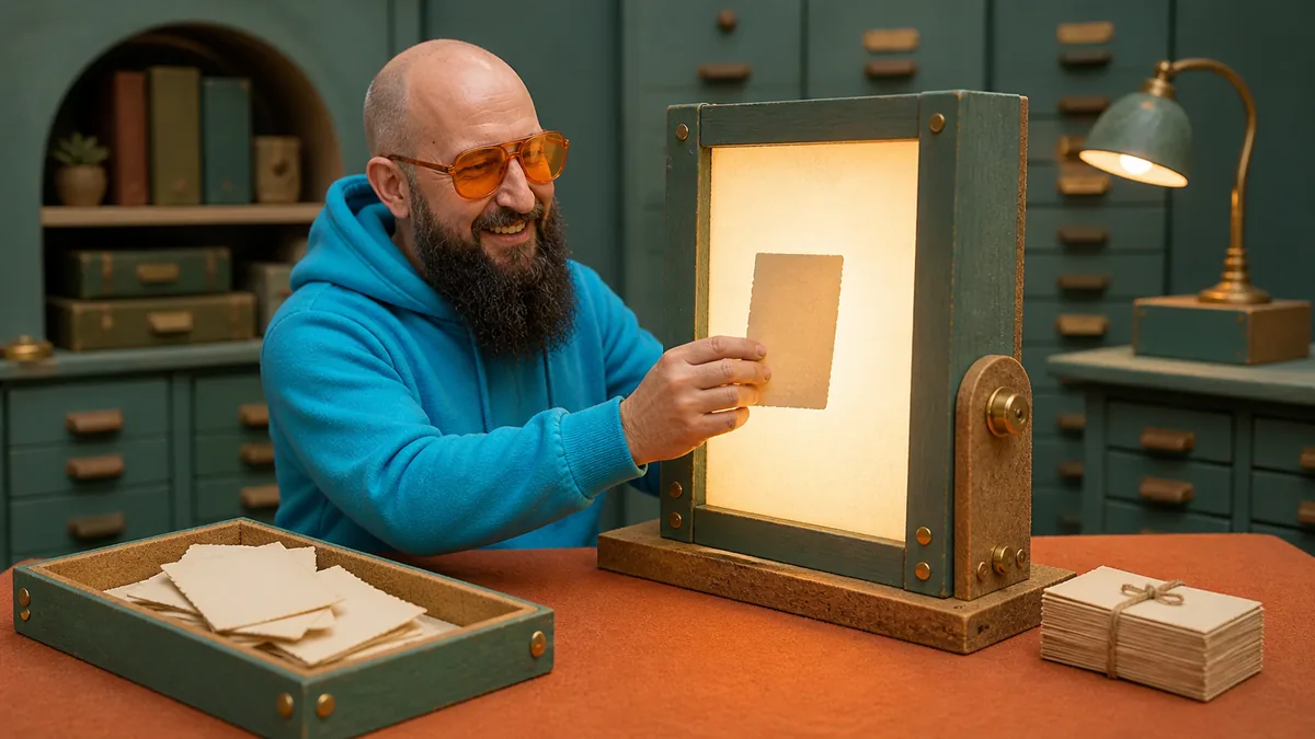 Miniaturfigur prüft eine Quellenkarte an einem leuchtenden Archivfenster zwischen Rohmaterial und geprüftem Quellenstapel