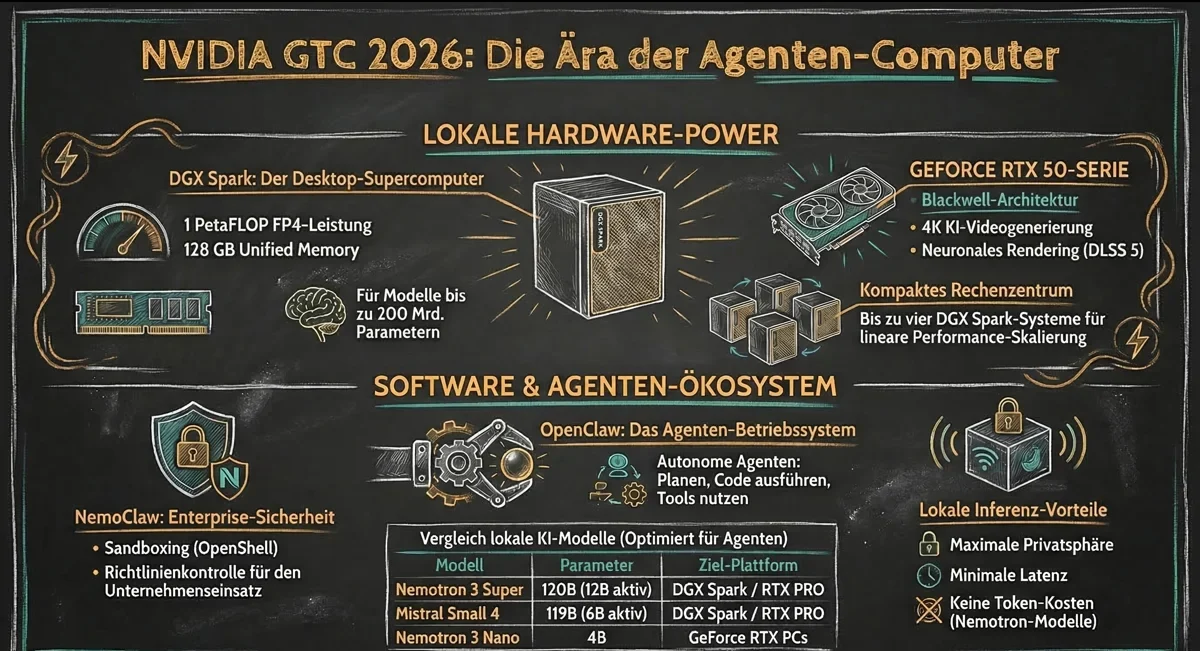 Uebersicht der NVIDIA-GTC-2026-Ankuendigungen: DGX Spark, GeForce RTX 50-Serie, NemoClaw und die lokalen KI-Modelle im Vergleich
