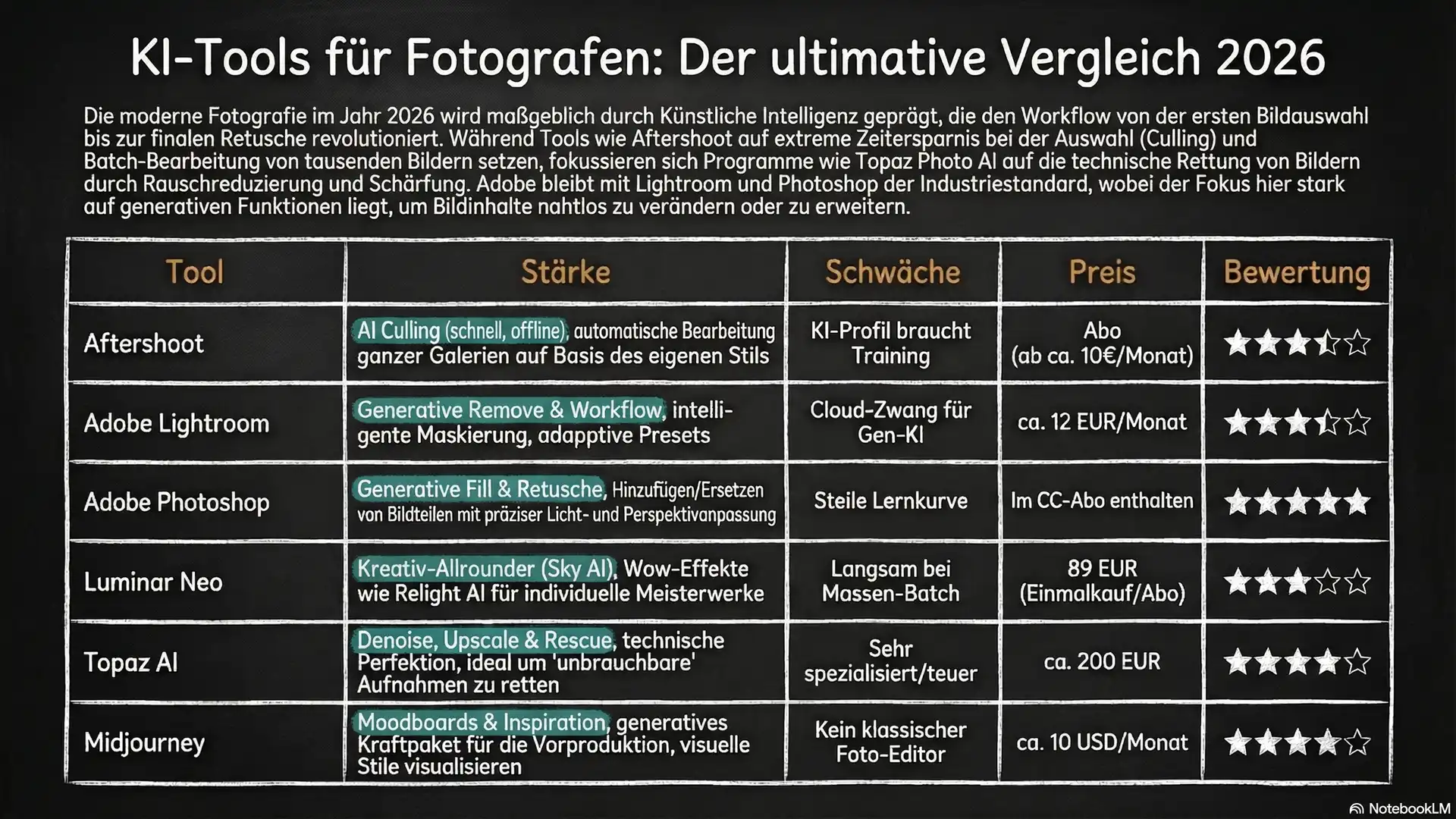 Infochart: KI-Tools Vergleich für Fotografen 2026