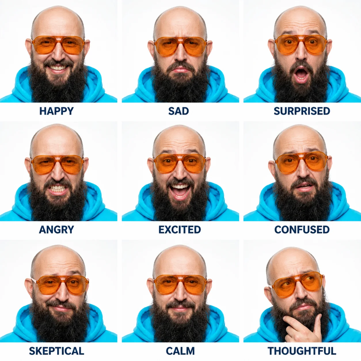 Emotionsraster mit neun Gesichtsausdrücken und englischen Labels