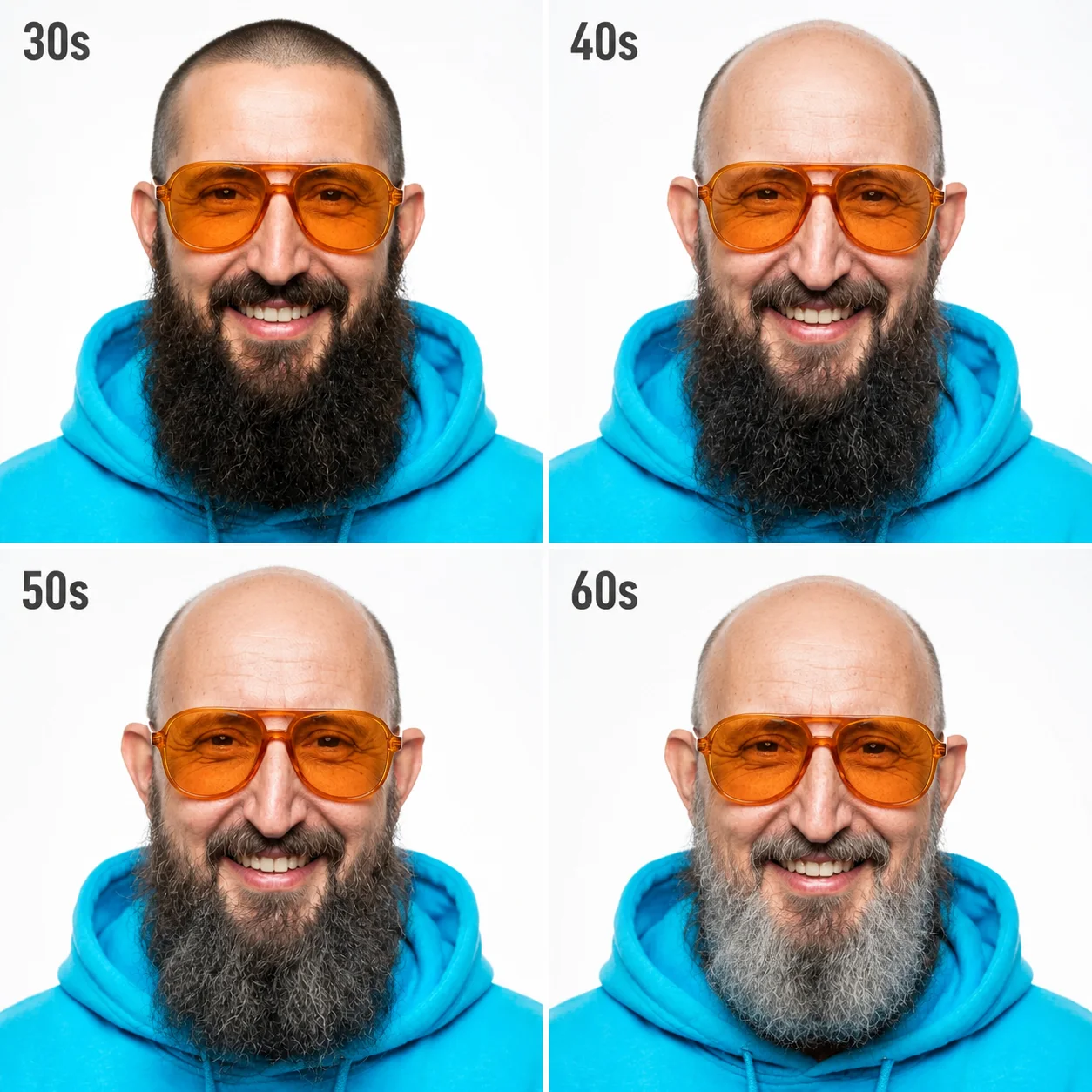 Vier KI-generierte Altersstufen derselben Person von 30 bis 60