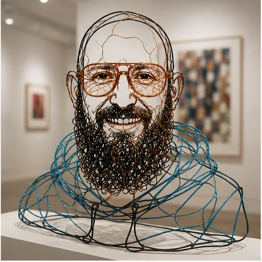 Freistehende Drahtskulptur des Porträts in einer Galerie