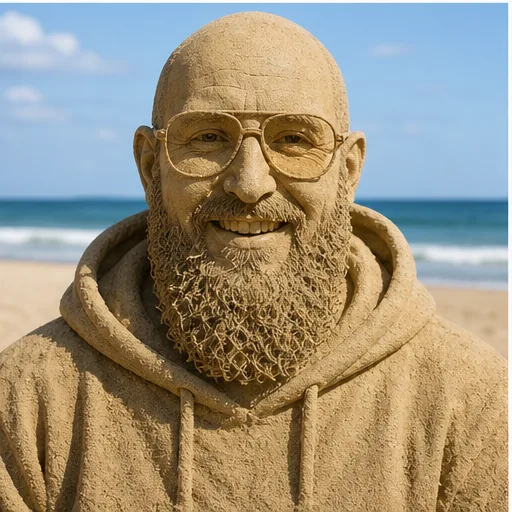 Lebensgroße Sandskulptur des Porträts am Strand
