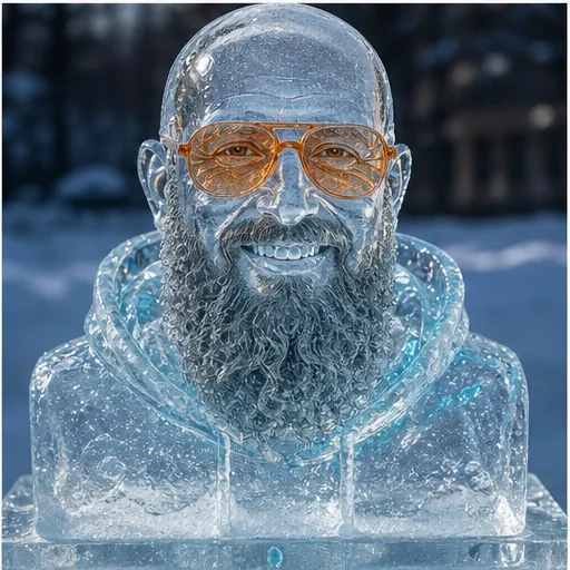 Transparente Eisbüste mit Brille, Bart und Hoodie