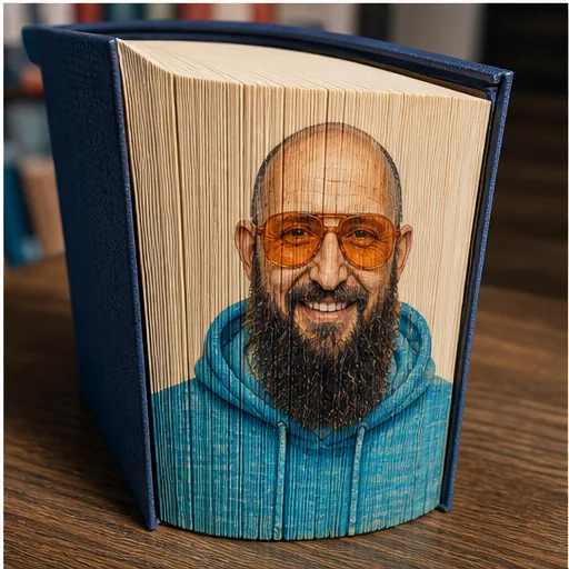 Porträtmalerei auf dem aufgefächerten Buchschnitt eines Hardcover-Buchs