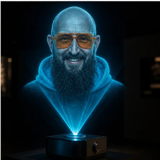 Leuchtende cyanfarbene Hologramm-Büste über einem Tischprojektor