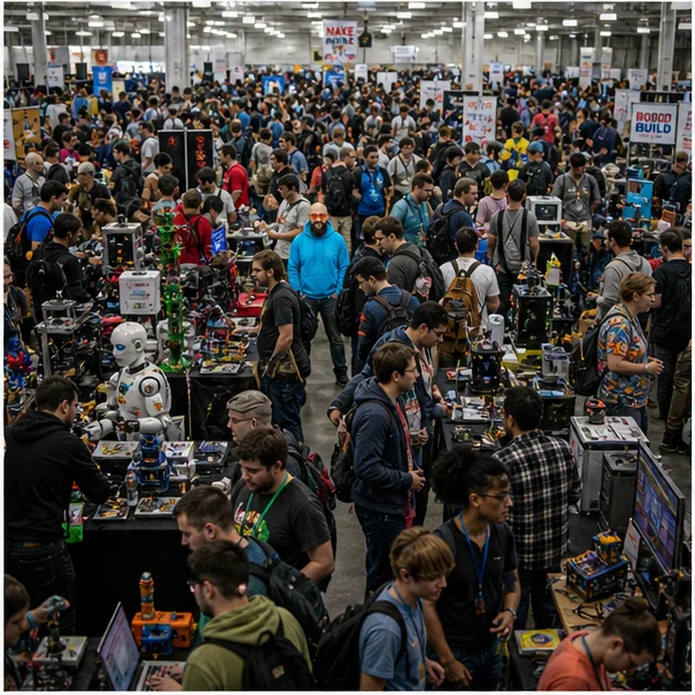 Dicht gefüllte Maker-Messe mit der gesuchten Person im türkisen Hoodie