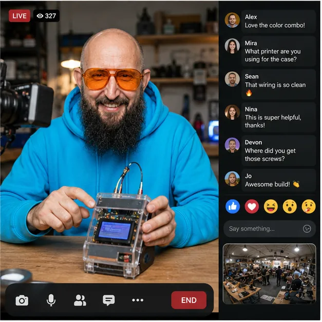 Vertikale Livestream-Oberfläche mit Creator am Elektronik-Arbeitsplatz