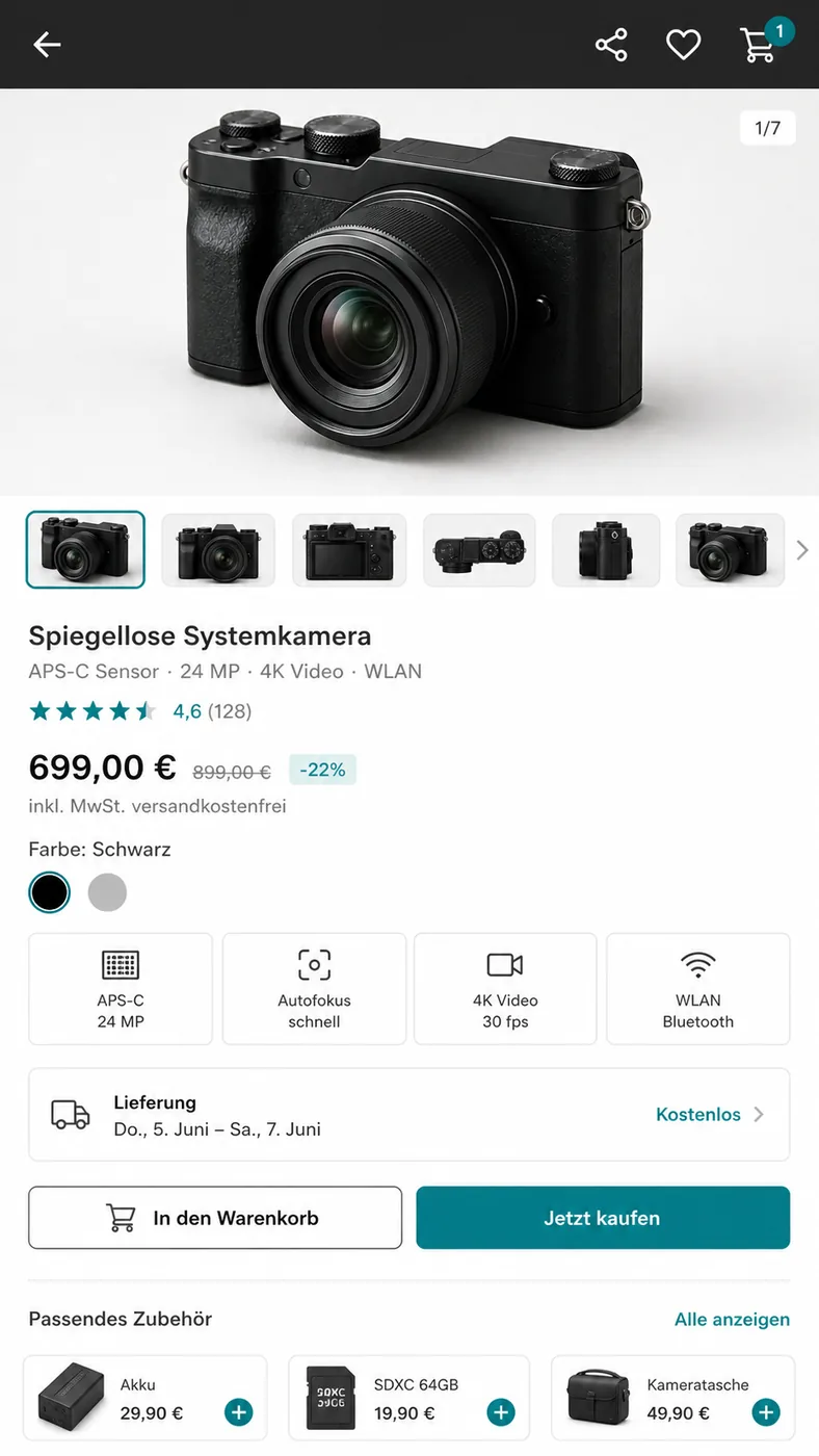 Mobile deutsche Shopseite für eine schwarze Systemkamera