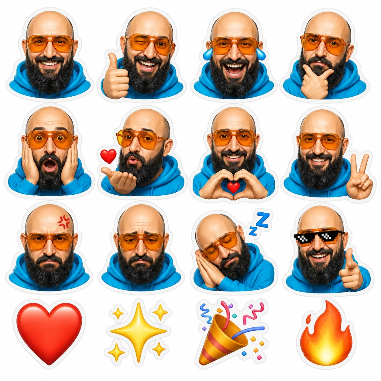 Emoji Pack mit Porträtreaktionen und farbigen Symbolen