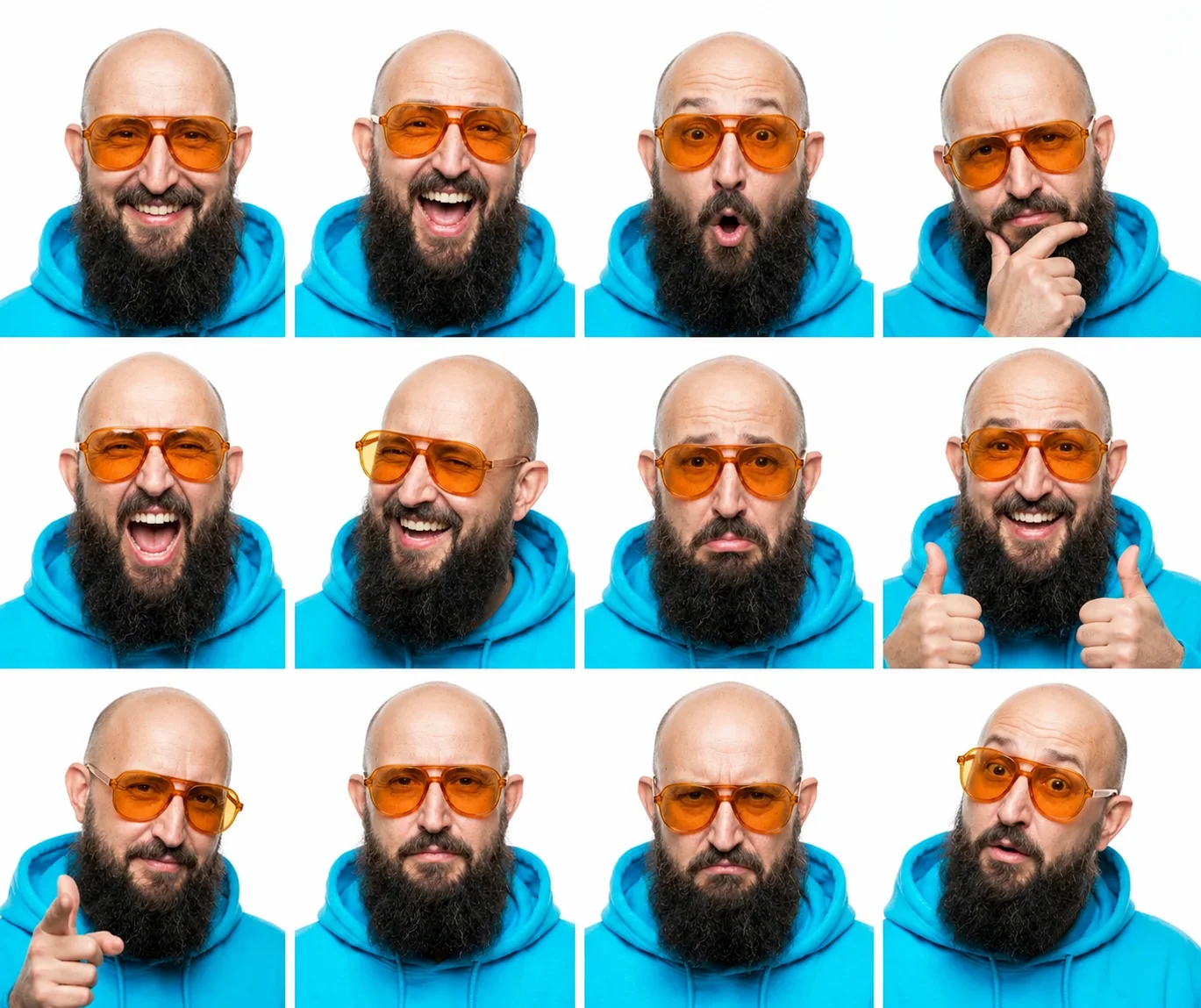 Zwölf Gesichtsreaktionen derselben Person in einem Raster