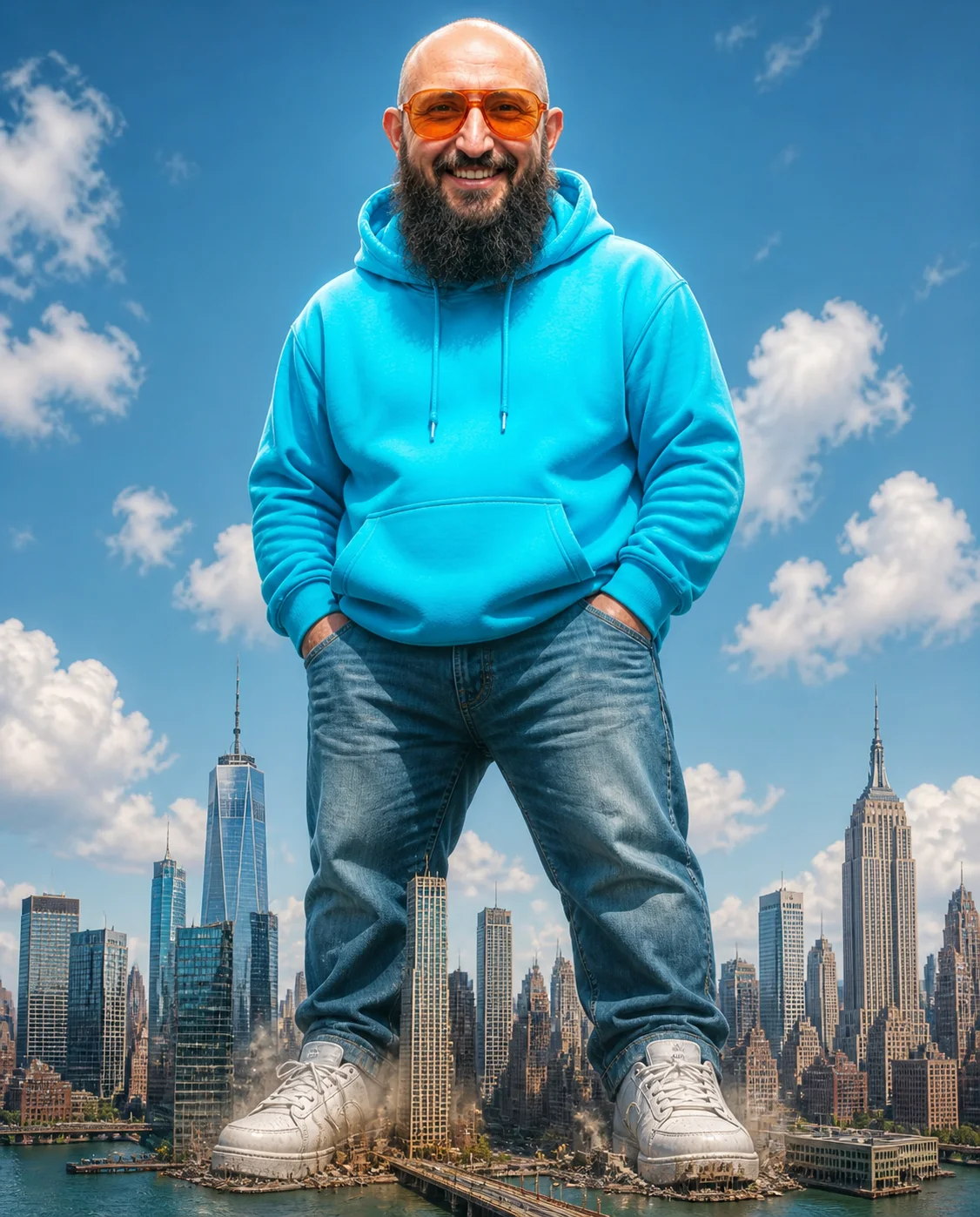 Riesige Version der Person zwischen kleinen Hochhäusern