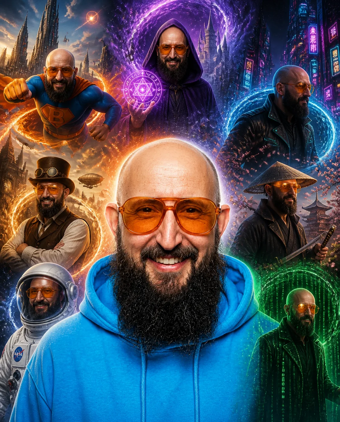 Cineastische Multiverse-Collage mit mehreren Versionen derselben Person