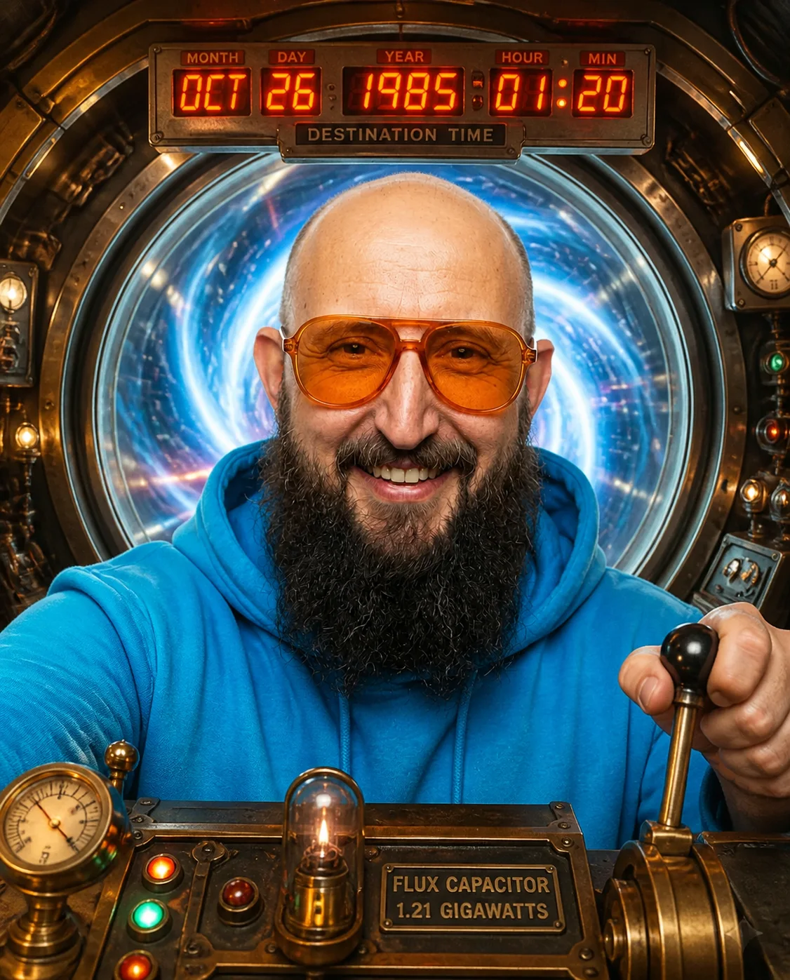 Person in einer leuchtenden Science-Fiction-Zeitmaschine