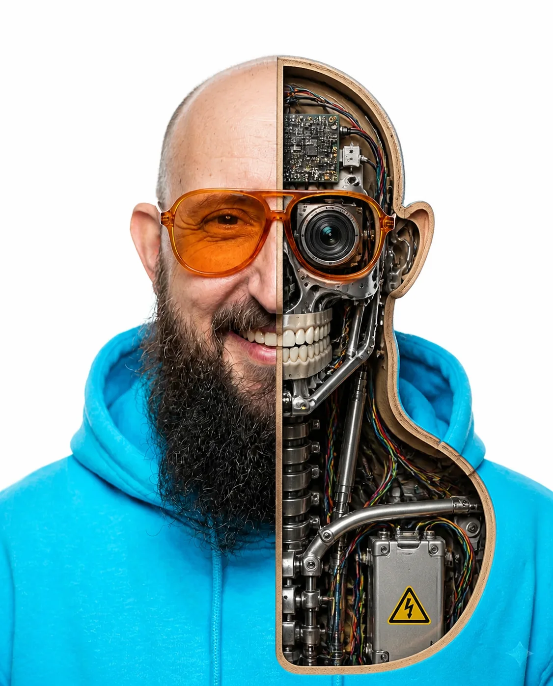 Surreale Cutaway-Ansicht eines Porträts mit mechanischer Gesichtshälfte