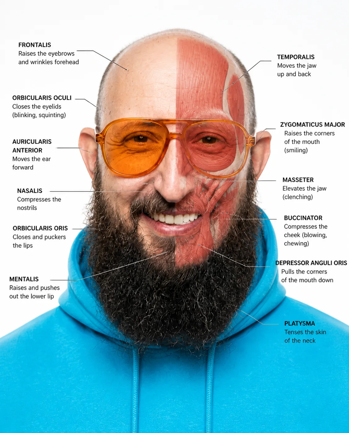 Porträt mit eingeblendeter fiktiver Anatomie und zahlreichen Labels