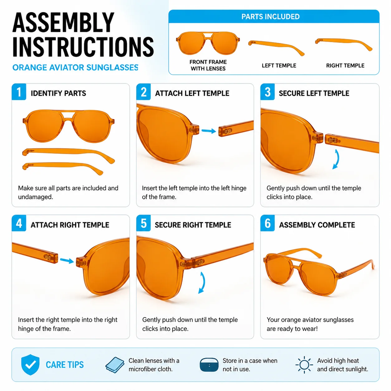 Illustrative Montageanleitung für eine orangefarbene Brille