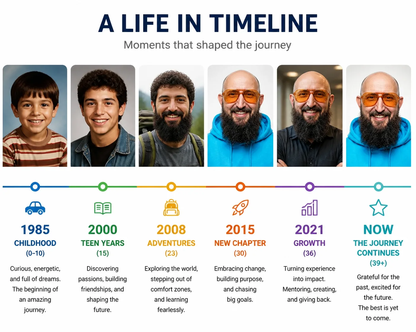 Horizontale Timeline mit Altersbildern, Jahreszahlen und erfundenen Lebensstationen