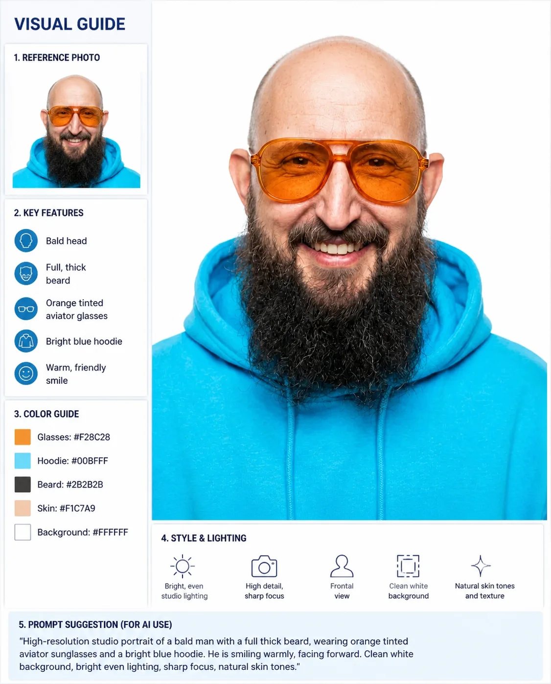 Visual Guide mit Porträt, Farbfeldern, Icons und mehreren Layoutbereichen