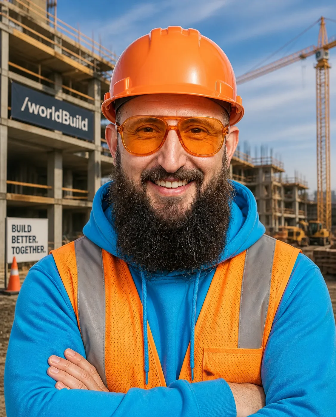 Person mit Schutzhelm und Warnweste auf einer Baustelle