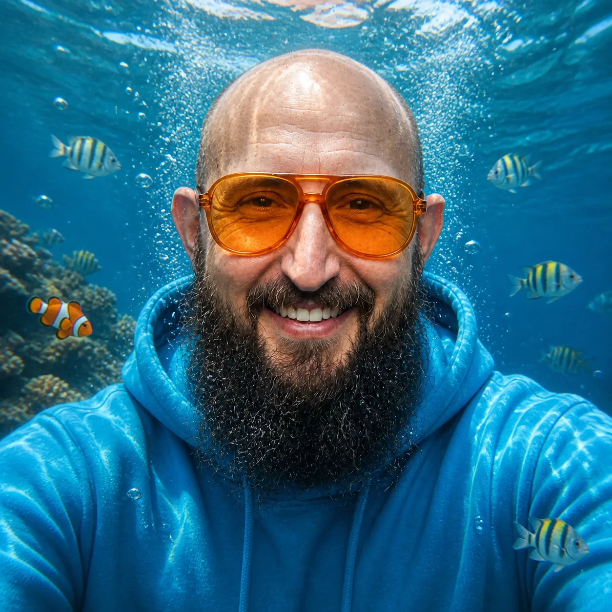 Unterwasserporträt mit Korallen, Fischen und derselben Person
