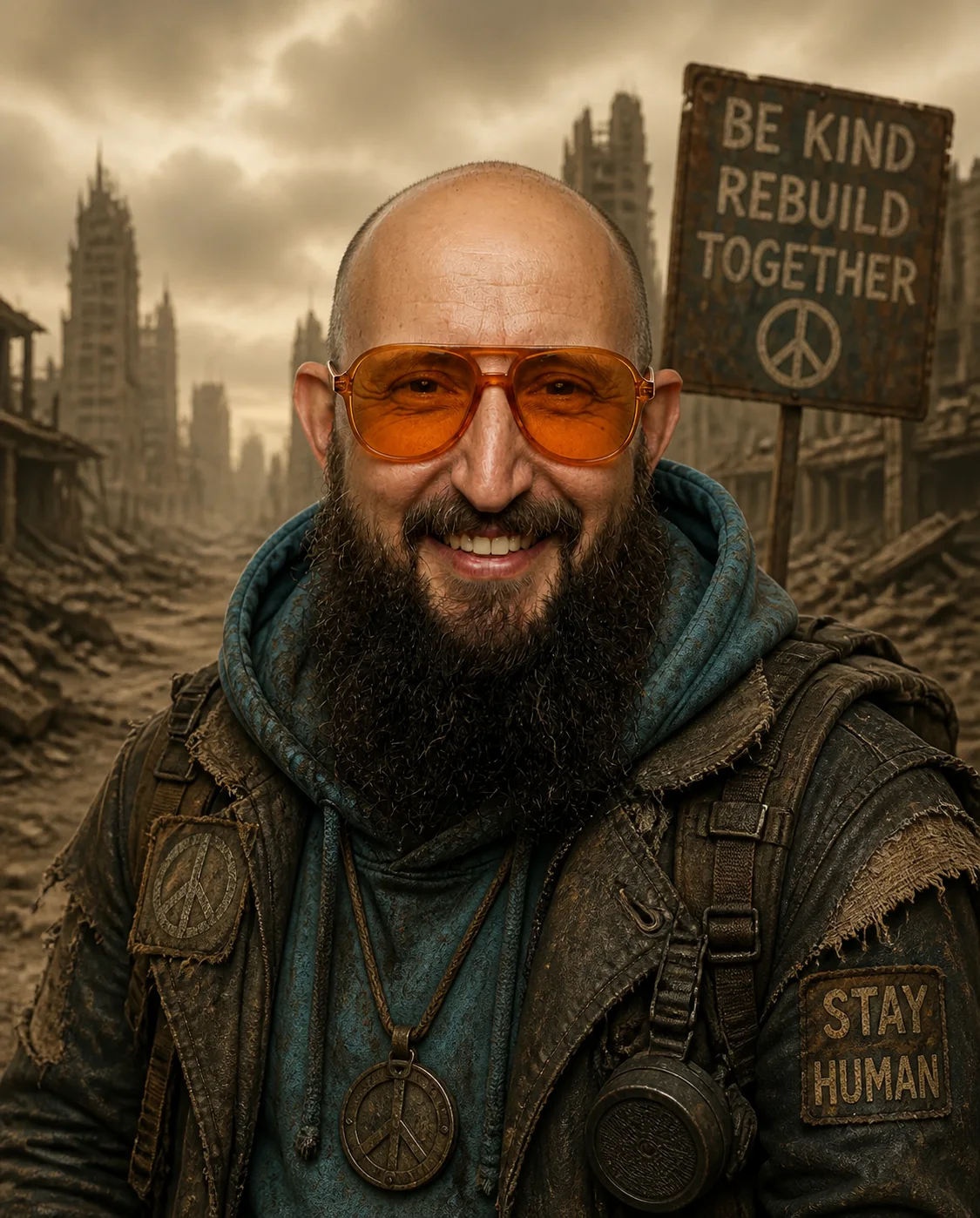 Postapokalyptische Version der Person vor einer zerstörten Stadt