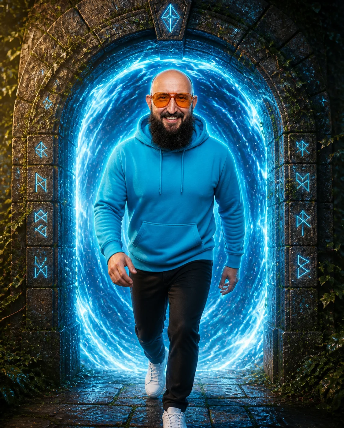 Ganzkörperfigur beim Durchschreiten eines blau leuchtenden Portals