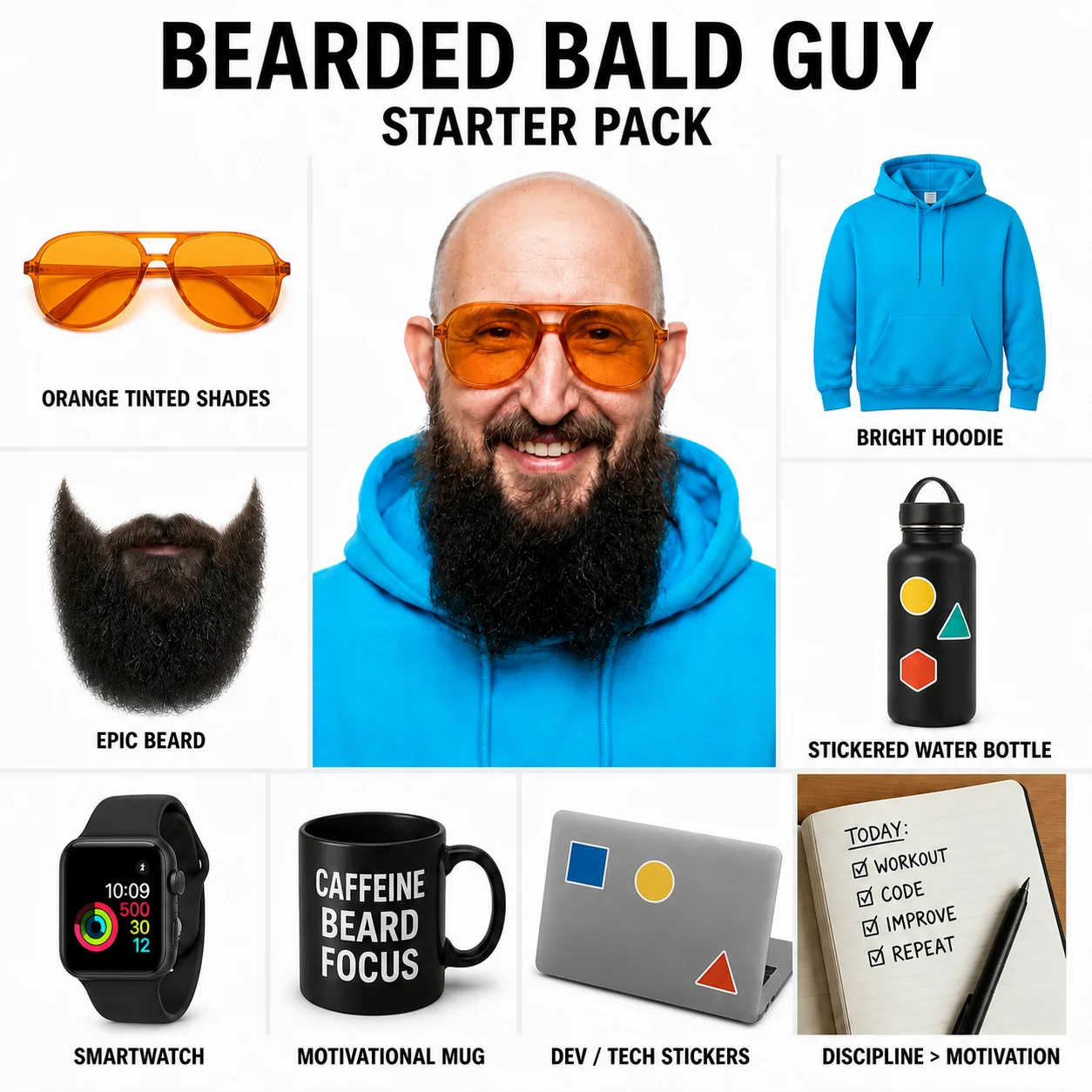 Starter-Pack mit Porträt und persönlichen Gegenständen