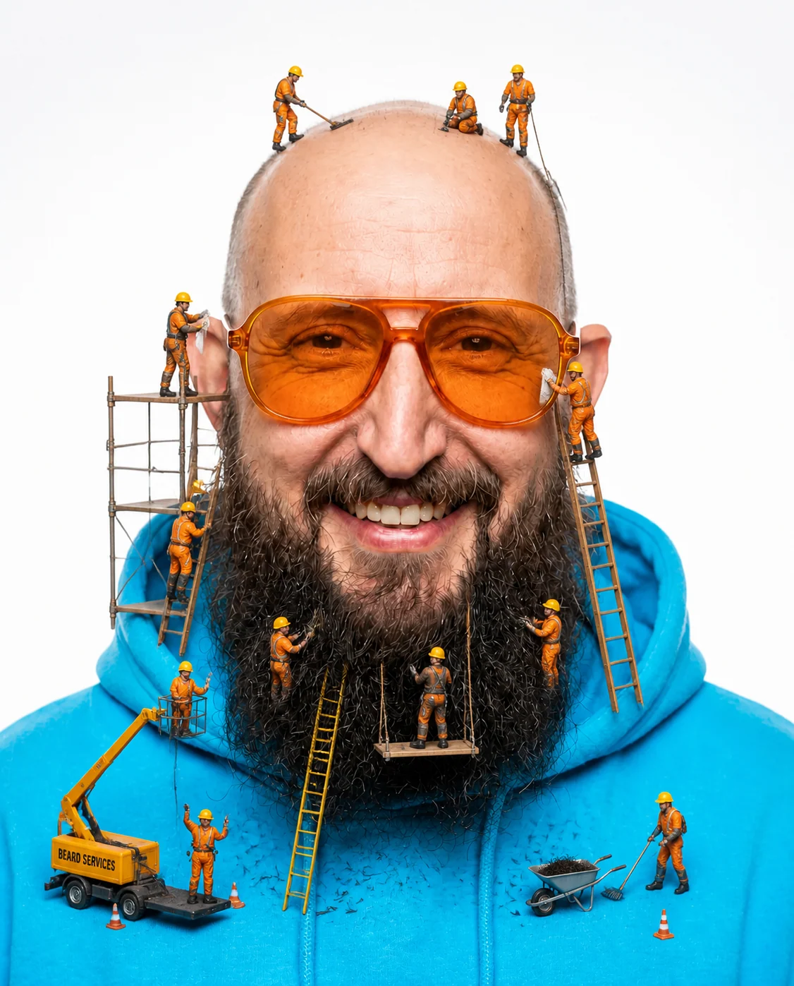 Winzige Arbeiter auf Kopf, Brille und Bart