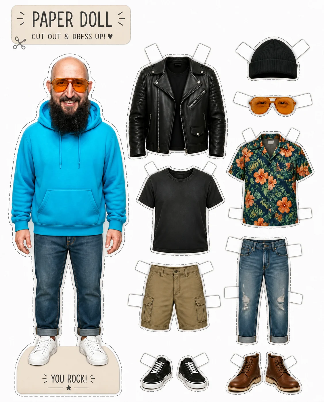 Papierpuppe mit austauschbaren Jacken, Shirts, Hosen und Schuhen