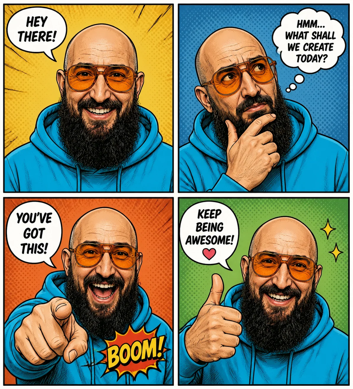 Vierfelder-Comic mit verschiedenen Reaktionen und englischen Sprechblasen