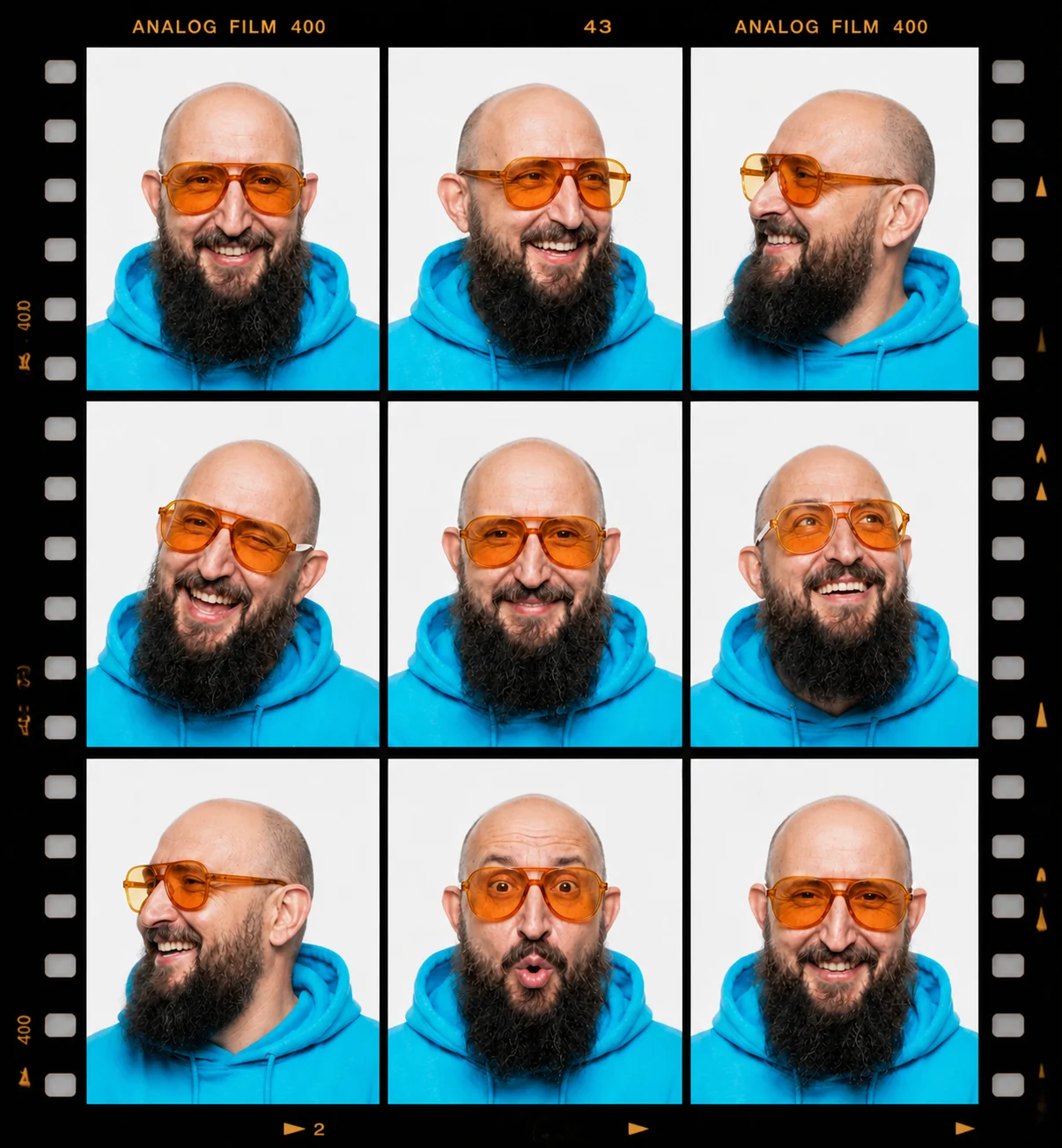 Analoger Filmstreifen mit neun Ansichten und Gesichtsausdrücken