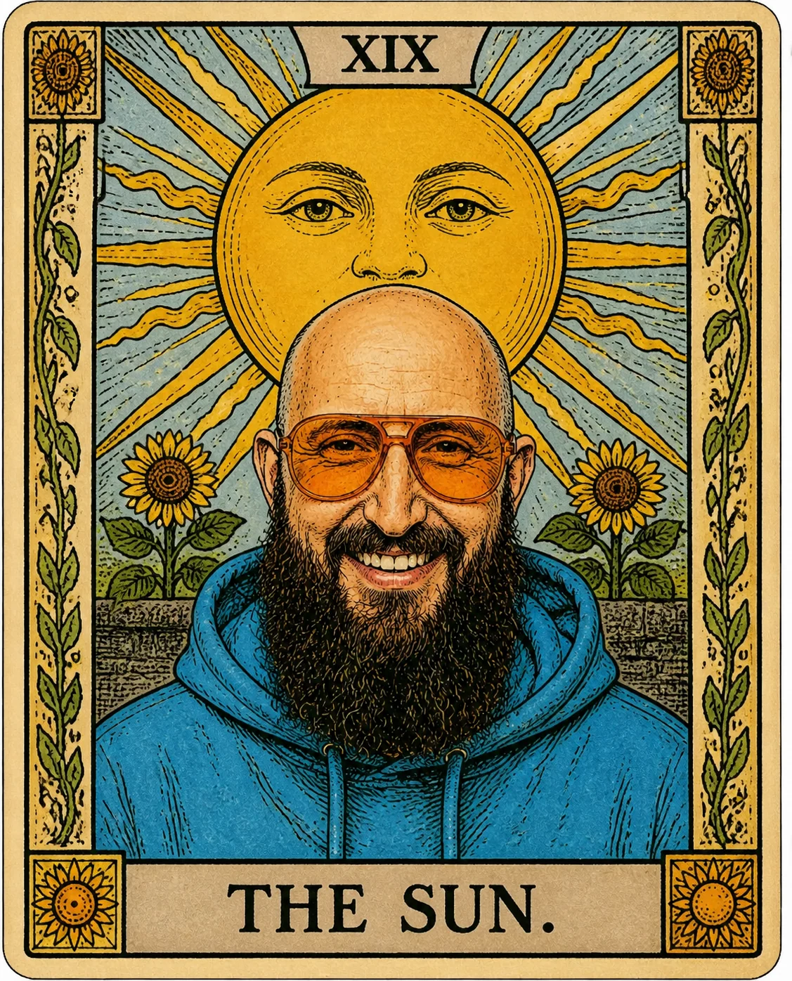 Tarotartige Karte mit Porträt, Sonne und Sonnenblumen