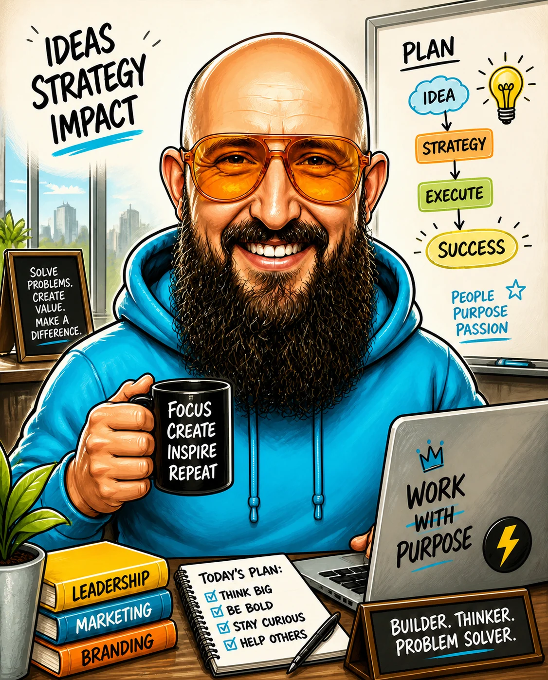 Karikatur der Person am Schreibtisch mit Strategie- und Marketingbegriffen