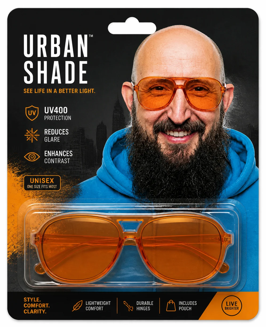 Fiktive Brillenverpackung mit Porträt und erfundenen Produktangaben