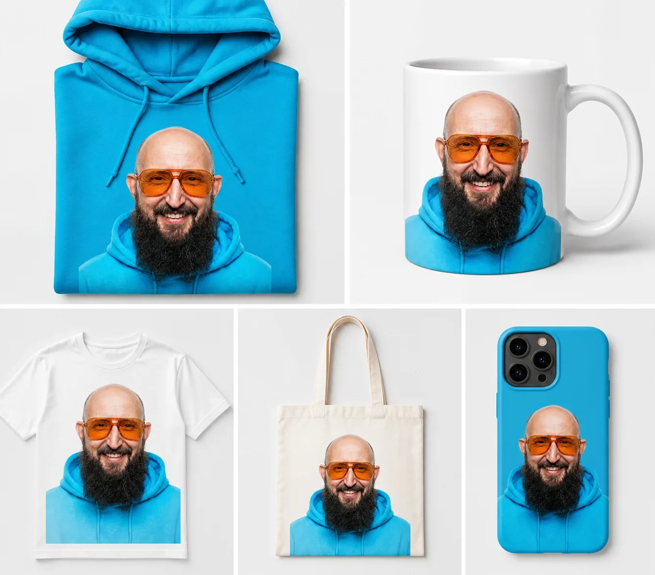Merch-Mockup mit Porträt auf Hoodie, Tasse, Shirt, Stofftasche und Handyhülle