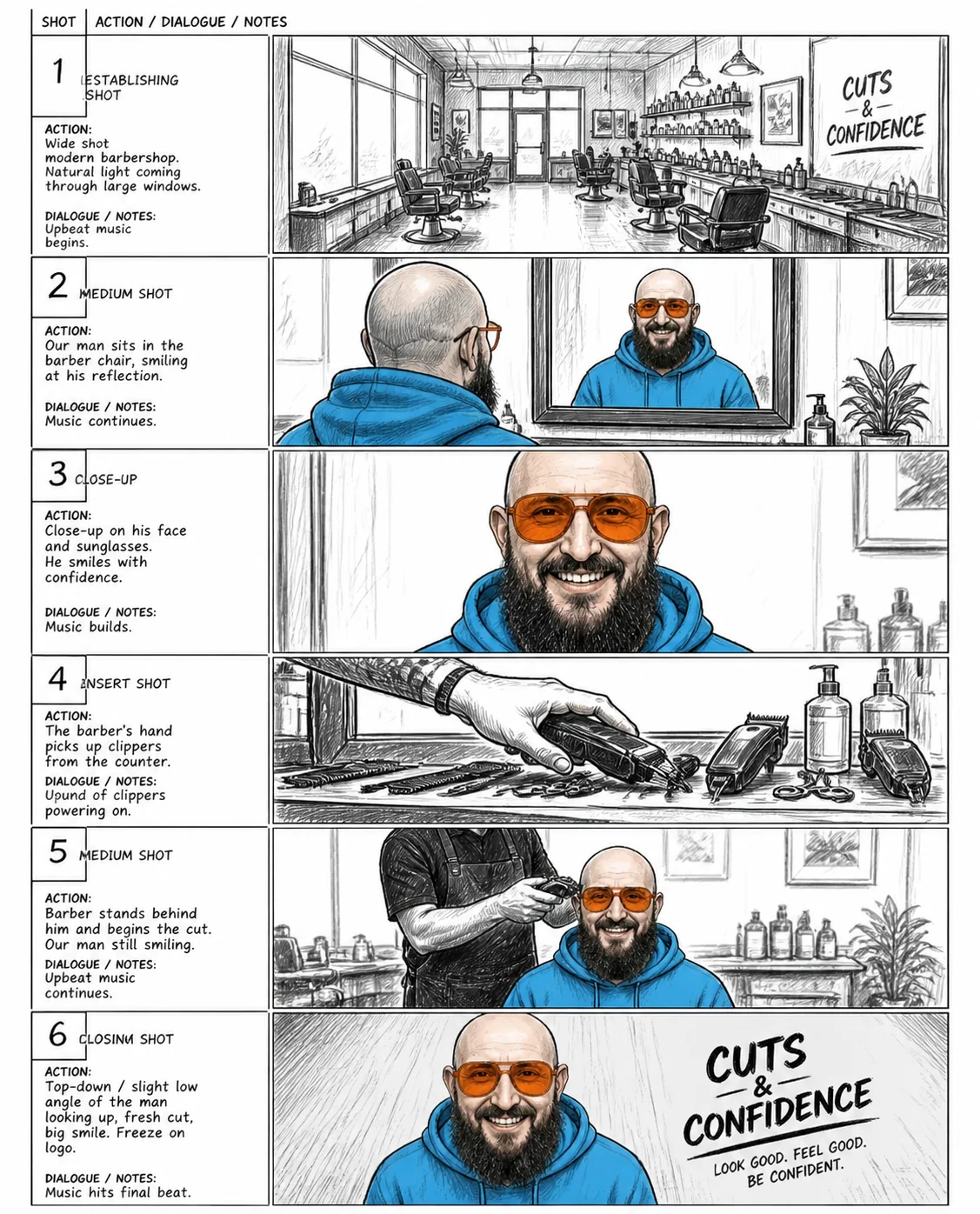 Sechsteiliges Storyboard mit derselben Person