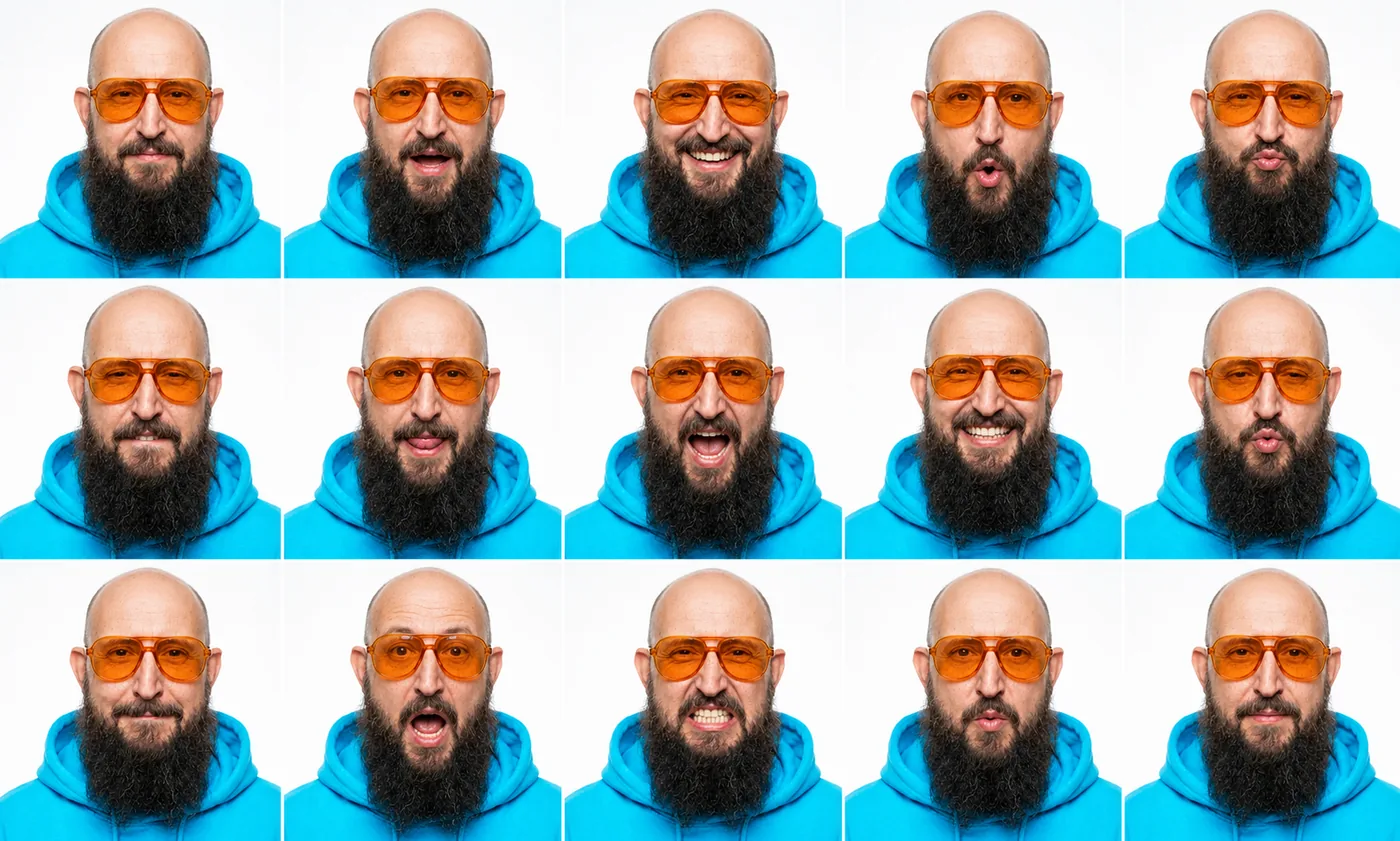 Raster mit 15 unterschiedlichen Mundformen derselben Person