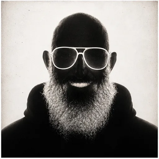 Schwarzweißes Fotogramm mit Brille, Bart und Hoodie als Kontaktsilhouette