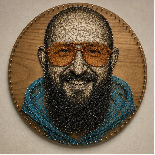 Porträt als reales Fadenbild auf einer runden Holzplatte