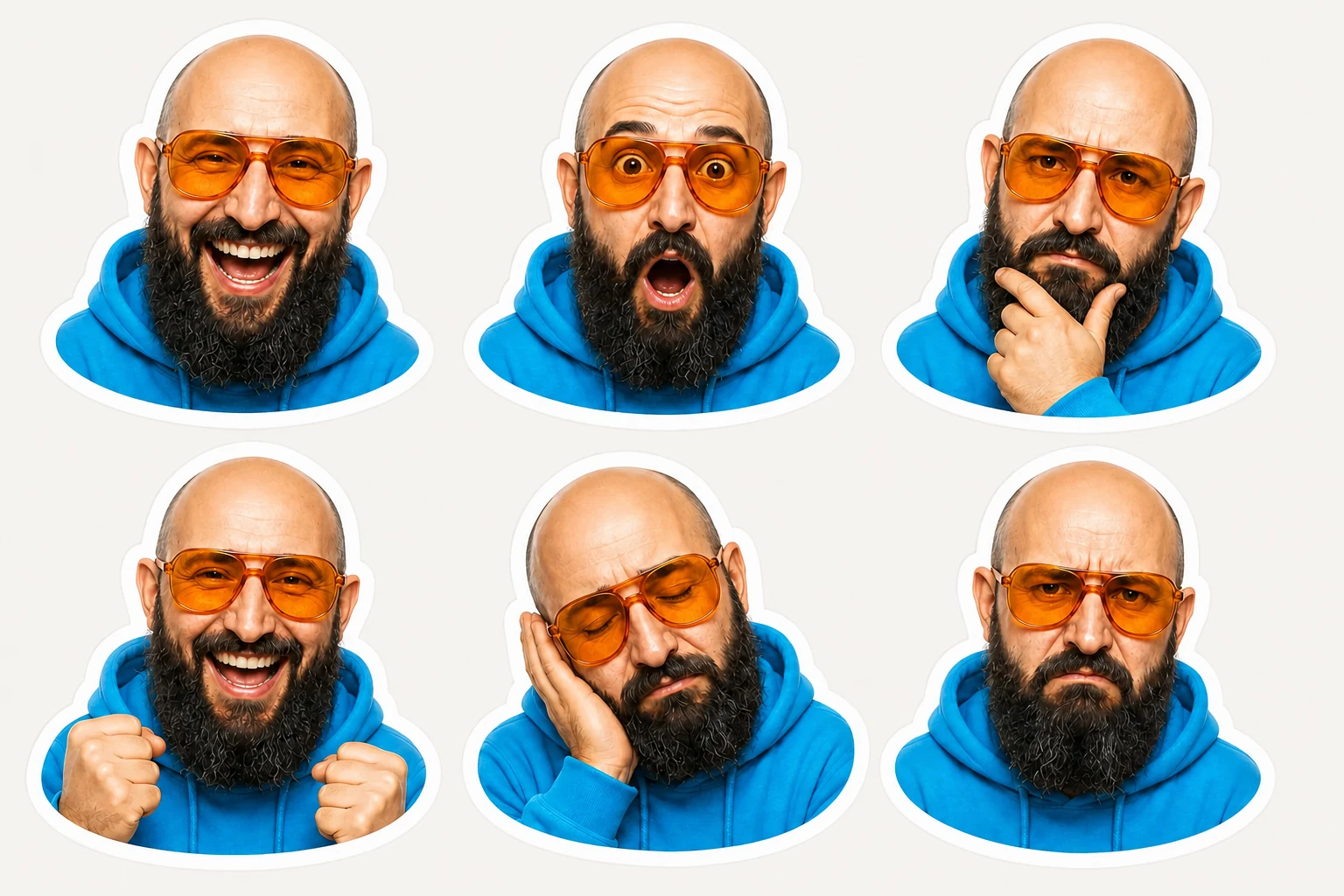 Zielbeispiel der kontrollierten Vorlage: sechs einheitliche Porträt-Emojis ohne Zusatzsymbole