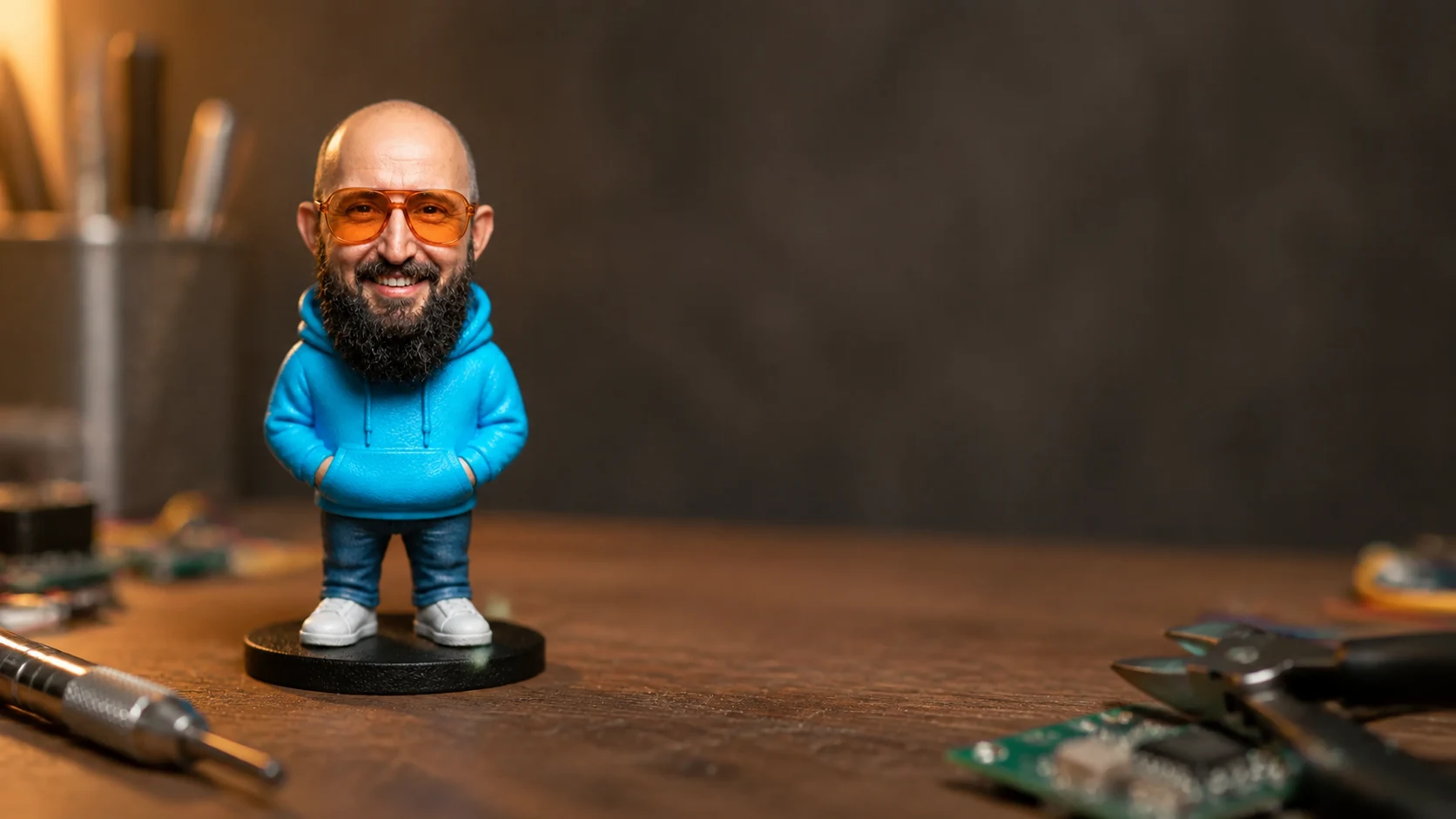 Zielbeispiel der kontrollierten Vorlage: miniaturfigur als Produktaufnahme auf einem Arbeitstisch