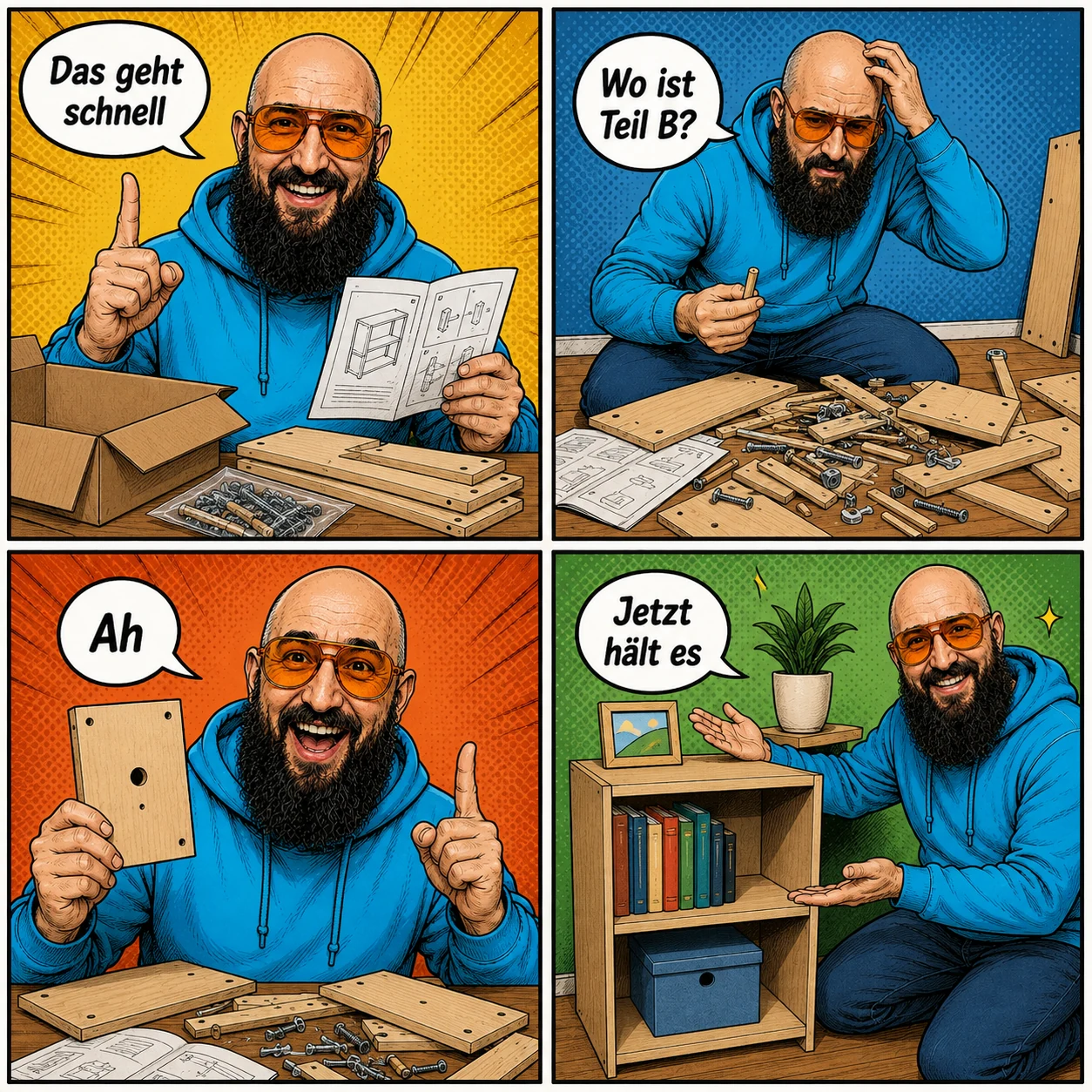 Zielbeispiel der kontrollierten Vorlage: vierteiliger Comic über einen Möbelaufbau