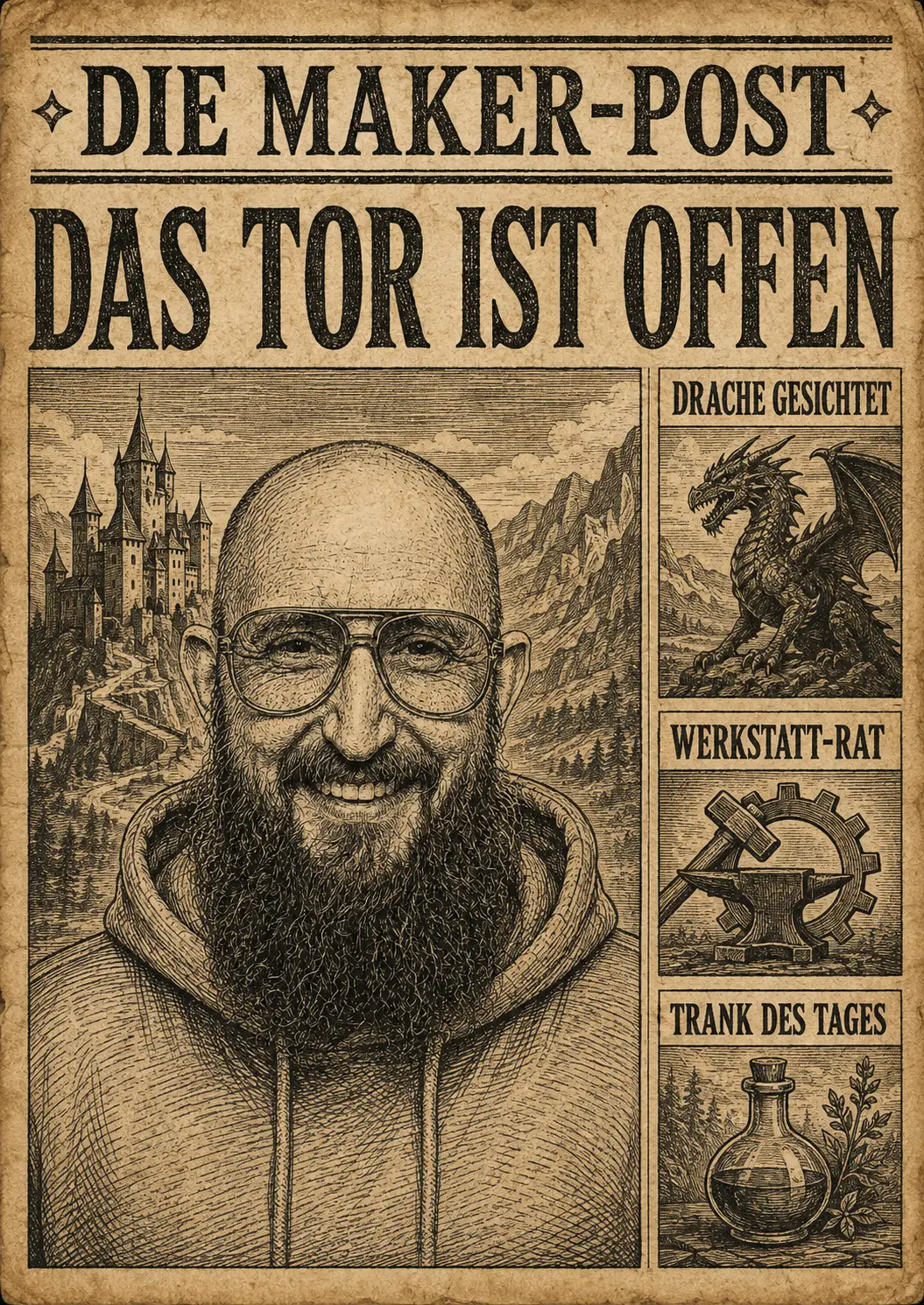 Neu getestetes Ergebnis der kontrollierten Vorlage: Fantasy-Zeitung in einheitlicher Holzschnittoptik